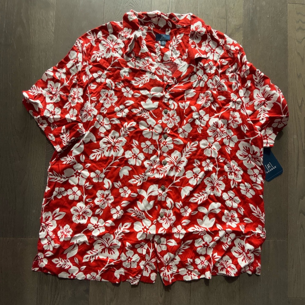 George Men's Red Floral Short-Sleeve Button-Up Camp Shirt